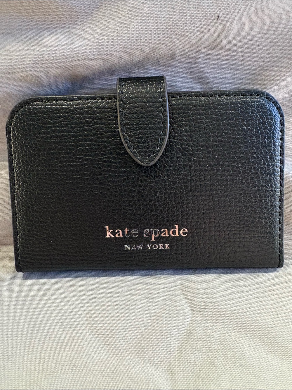 kate spade Black Pebbled Leather Snap Wallet with Rose Gold Logo